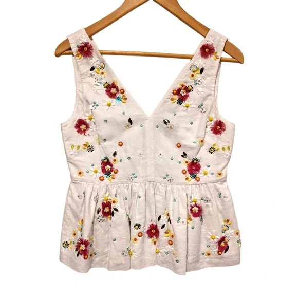 J. Crew Beaded Embroidered White Peplum Top Tank Linen Preppy Old Money Spring - Picture 2 of 6